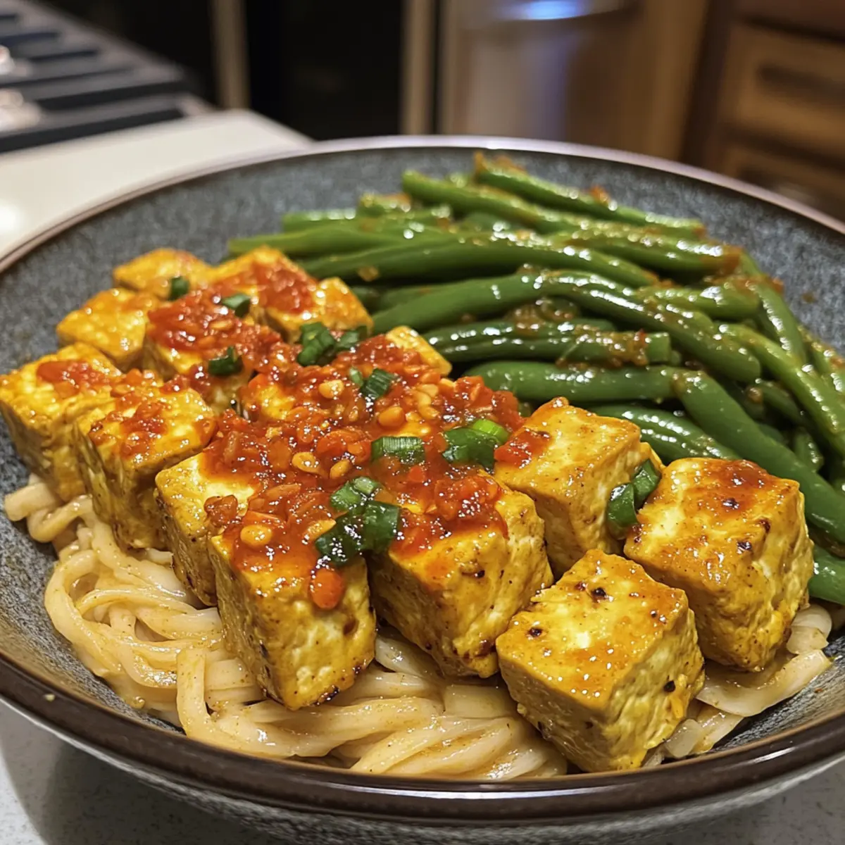 Deliciously Amazing Crispy Tofu Bowls with Curry Noodles and Chili Green Beans